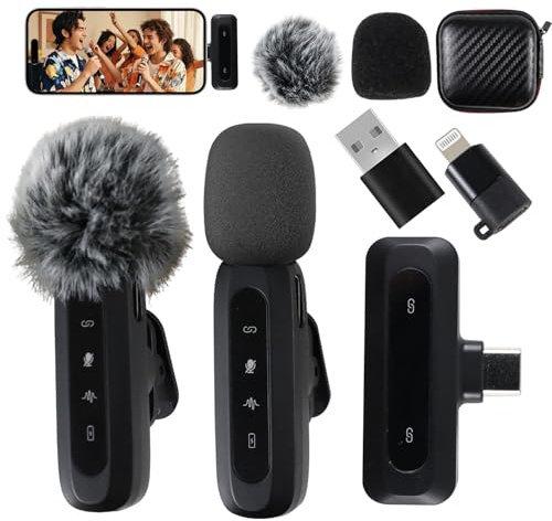 Kabelloses Lavalier Mikrofon für iPhone, Android & Handy, mit USB-C & Lightning, 2,4 GHz Wireless Microphone LED-Anzeige & Rauschunterdrückung für Vlog, Video, Interview & Podcast (2er-Pack)