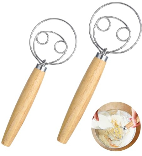 Elegaperma 2 frusta Danish Dough Whisk, con manico in legno in 2 misure, impastatrice a mano, frusta danese per torte, pane, pasticcini o impasto per pizza, frusta per pane