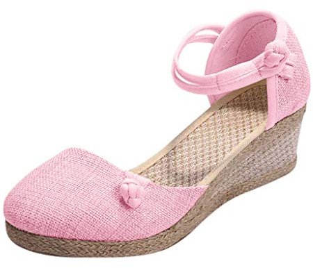 Sandaletter, kilklack, platåhög, espadriller, för kvinnor, platåpantoletter, ankelrem, sandaler, ventilerande, fritidssandaler, bohemiska strandsandaler, halkfria sommarsandaler, ROSA, 37 EU