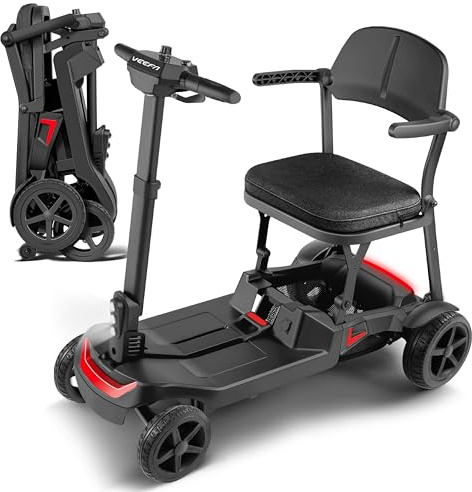 Veefa Scooter Per Anziani A 4 Ruote, Struttura Leggera 17 Kg, Doppia Batteria, Autonomia 36 Km, Veicolo Elettrico Pieghevole In Alluminio Auto/Aereo/Treno (Nero e rosso, Standard)