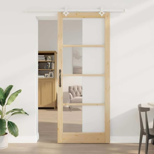GeenYuu Porte coulissante naturelle 93 x 232 cm en bois massif de pin et verre - Porte intérieure avec isolation phonique et isolation thermique pour salon et chambre à coucher - Kit de montage et