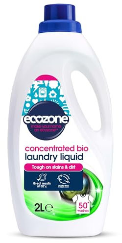 EcoZone Super Concentrated Biological Laundry Liquid, Bio Detergent, Washing Machine Powerful Clothing Stain Removal & Cleaning, Natural Vegan, Non Toxic, Eco Friendly, Gentle on Skin, 166 washes (2L)
