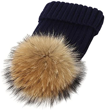 feifanshop Berretto invernale da donna in vera pelliccia, con pompon, blu navy, Taglia unica
