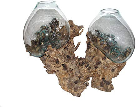 Spezial Deko Glas-Bodenvasen 70 cm auf Wurzelholz Vase mit Holz Unikat Einzelstück