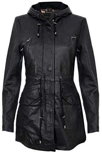 Parker à Capuche en Cuir Noir Pour Femme Trench Manteau Multi-Poches XS