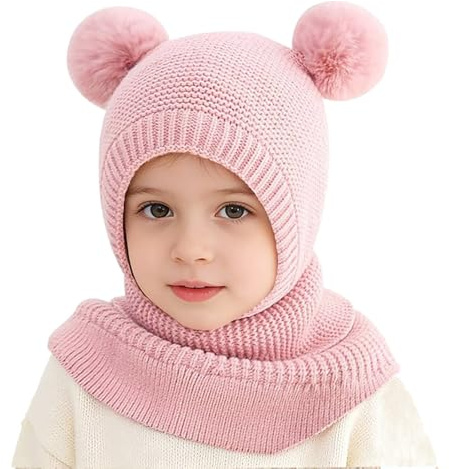 FUYAO Toddler Girls Winter Warm Hat Scarf Baby Fleece Earflap Beanies with Double Pom Pom Windproof Skiing Cap for 1-5 Years Old Kids (Pink)