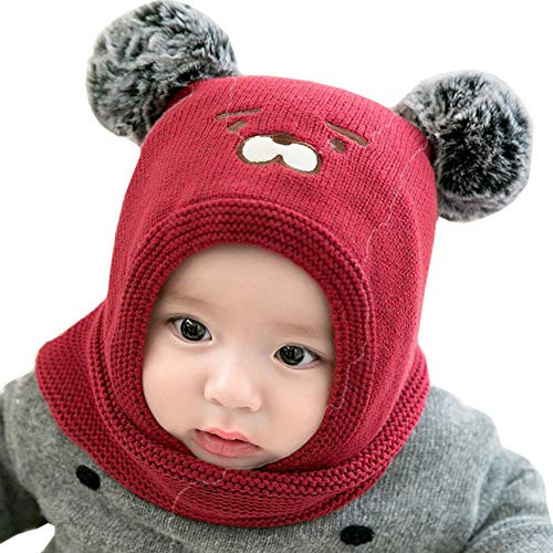 Vobozeany Baby schlupfmütze Warm Niedlich Bär Wintermütze Schalmütze Strickmütze mit Bommel Fleecefutter Beanie Mütze