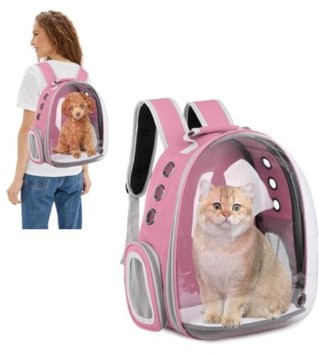 PETCUTE Kattryggsäck, expanderbar bärryggsäck för kattkapsel, transparent bubbelbärare för husdjur frampack med 9 ventilationshål andas, för katt hund utomhusvandring och resor rosa
