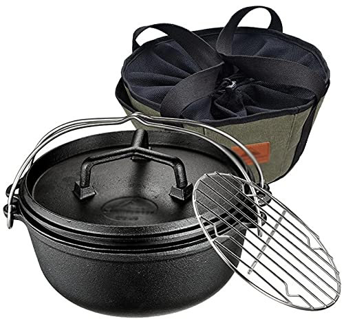 Horno Holandés De Hierro Fundido Pre-Sazonado, Juego De Cocina Para Acampar De 5 Piezas Con Olla De Horno Holandés De 4.5 Qt, Tapa, Sartén De 11, Malla De Acero Inoxidable Y Bolsa De Almacenamiento