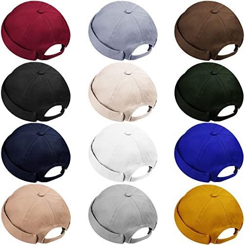 Vabean 12 Pieces Brimless Hat Docker Cap Adjustable Skull Caps for Men Women Rolled Cuff Brimless Beanie Hat, Assorted Color(Bright Color,Cotton)