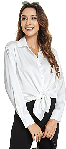 Atnlewhi Damen Bluse Langarm Knöpfen Satin Seide Hemden Basic Kent Kragen Arbeit Büro Formelle Casual Blusen Shirt - Weiß - XL