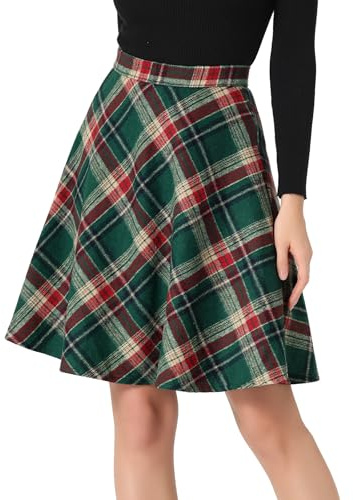Allegra K Damen Karo Rock Festlich A-Linie Hohe Taille Kammgarn Kariert Midirock Grün Rot L