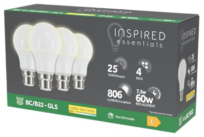 Inspired Essentials B22 Bayonet LED Bulb, Warm White 3000K, 60W 60 Watts Equivalent, 7.3W B22 GLS Bulbs, Light Bulbs, 806 Lumen, Non-Dimmable, Last up to 25000 Hours, Pack of 4
