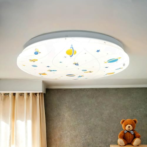 Licht-Erlebnisse LED Kinderzimmerlampe Decke IP44 D: 33,5 cm rund Weiß Bunt 4000 K 1300 lm Weltall Deckenleuchte Kinderzimmer