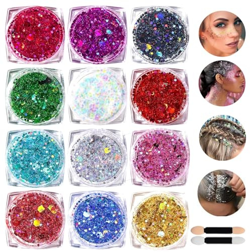 Face Glitter Body Glitter Gel - 12Pcs Festival Glitter for Face - Eyeshadow Hair Sequins for Makeup - Chunky Glitter for Festivals, Parties, Raves - Brightly Coloured Festive Accessories