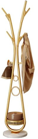 GIZNXBA Garderobenständer Modern Mit Haken, Kleiderständer Mit Ablage Freistehend Standgarderobe Metall Für Flur, Büro, Kleiderbügelständer Flurbaum Mit Regalen Für Kleidung, Schals(/Gold)