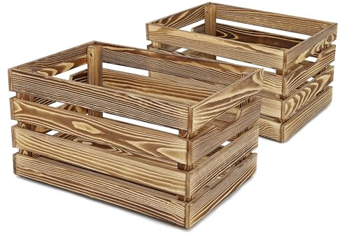 WUERMU Braune Holzkiste, Obstkiste, Apfelkiste, Weinkiste, Geflammt Holzbox, Aufbewahrungskisten, Geschenkkisten Deko, Möbelkisten 2er set 45 x 31 x 25 cm