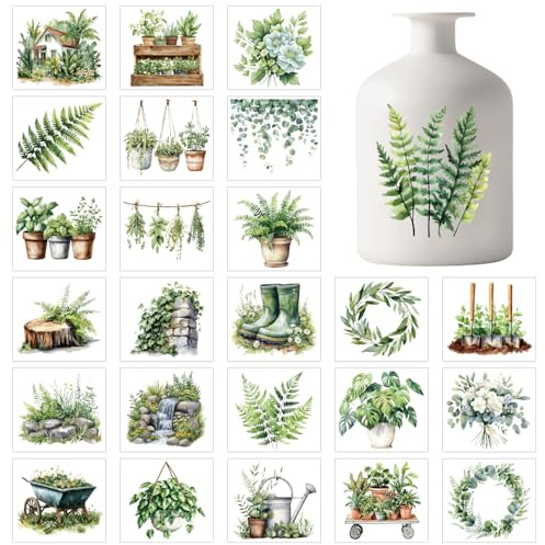 GLOBLELAND 25 fogli di Adesivi per Lanterne A Forma di Felce Verde Foglie di Eucalipto Adesivi Plastica Estivi Da 3.9x3.6 pollici per Lampade Da Finestra Tazze di Vetro Vasi Decorazioni per La Casa