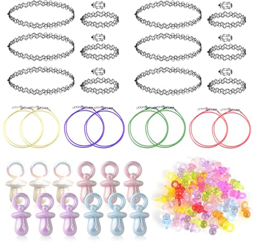 90-tals tillbehör dam, tatueringskedja & nappkedja för 80-tals 90-tals outfit, 6-kedjor-set, 8 vaxsnören, 12 stora + 50 små nappar för nostalgi temafest