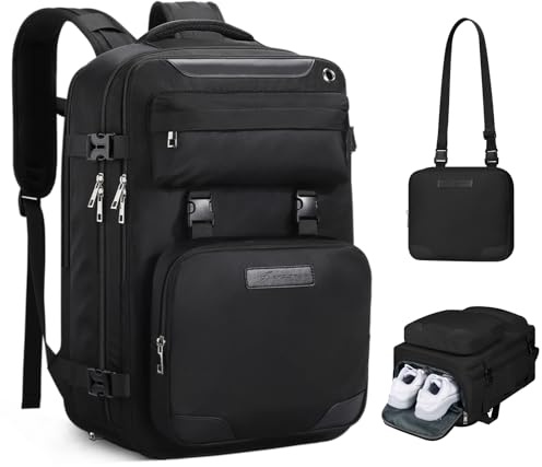 Maelstrom Travel Backpack for Women Men,35L Waterproof Laptop Backpack Fits 17-Inch Laptop, Gift for School Work Backpack with Detachable Crossbody Bag & Shoe Compartment (Black, Large-Upgrade)