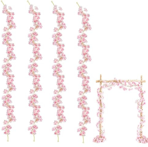 Hernin 4 Stück Künstliche Blumengirlande Deko 1.8m Rosa Kirschblüten Girlande Künstliche Blume Girlande Hängend Vines für Party Blumenwand Fahrrad Hochzeit Tischdeko (Rosa-1)