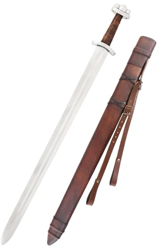 Battle-Merchant Frühes Wikingerschwert Godfred mit Lederscheide | Mittelalter Einhänder aus Stahl, Schwert Replik 8. Jh., Historisches Sammlerstück & Dekoration, ab 18