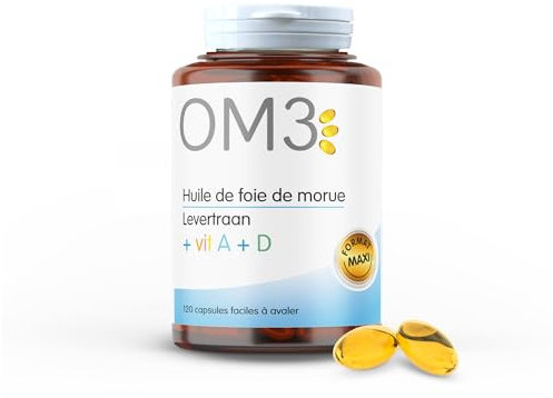 OM3 - Huile de Foie de Morue, Vitamine A et D -Défenses immunitaires - Vision -Ossature normale - Maxi format -120 capsules