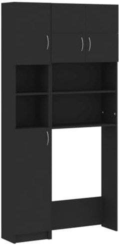 vidaXL Conjunto de Armario para Lavadora Mueble Baño Estante Lavandería con Cajones Compartimentos Abiertos Almacenamiento Madera Contrachapada Negro