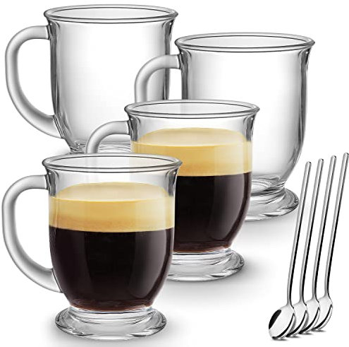 Mfacoy Juego de 4 tazas de café de cristal, taza de café grande transparente de 15 onzas con asas para bebidas calientes, tazas transparentes para té, capuchino, latte, café espresso, jugo, tazas de