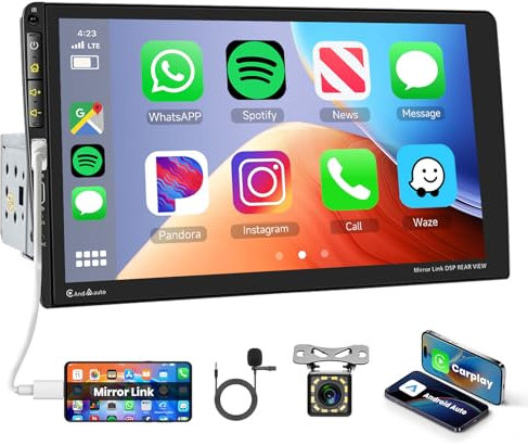 Hodozzy 1 DIN Radio Coche con Carplay y Android Auto, 9 Pulgadas HD Pantalla táctil Autoradio Bluetooth Radio FM Android/iOS Mirror Link, Cámara de visión Trasera Control del Volante Puerto USB/AUX