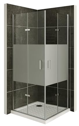 Mampara de Ducha Matilde | 90x80x190cm | NO REVERSIBLE | Puerta plegable | Ajuste 88,9-90,4 x 78,9-80,4cm | Perfiles Cromados, Cristal parcial satinado de 6 mm - Moments of Glass