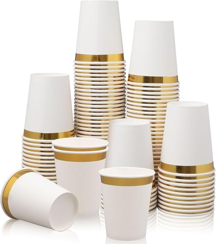 MALLOOM 200 Pièces Gobelets en Papier à Bord Doré, Gobelets en Papier Jetables de 270ml en Vrac pour Boissons Chaudes et Froides pour Thé Café Eau Lait Jus, pour Fête Ma