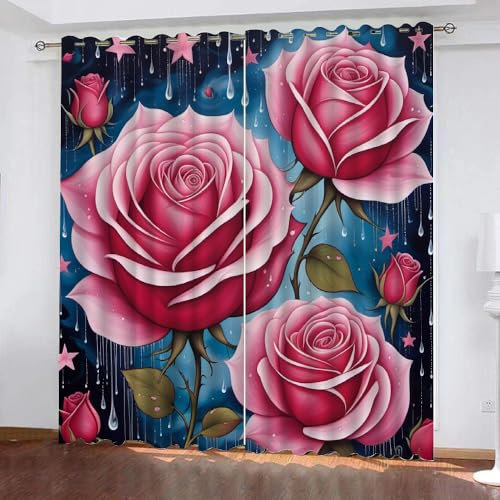 Generisch Vorhang Blickdicht Rose Blume 2 Stück H 100Cm X B 70Cm,Gardinen Kurz Modern Fenster Mit Ösen,Verdunklungsvorhänge Lichtundurchlässig Kinderzimmer,Kinder Vorhang Verdunkelung,B2