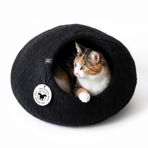 LucyBalu® Pebble Filzhöhle 100% Schurwolle – Schwarz | Handgefilzte Katzenhöhle & Kuschelbett, atmungsaktiv, robust, aus Nepal