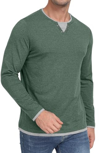 Hisir Camiseta Henley para hombre, algodón, manga larga, corte regular, con capas, diseño de colores de contraste, camiseta informal para otoño e invierno, verde, XL