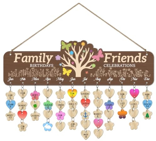 arricraft 1 Set en bois des amis de la famille anniversaire rappel calendrier plaque, arbre papillon fleurs sauvages célébrations tableau avec 100 étiquettes pour la fête d'anniversaire 4.7x15.7inch