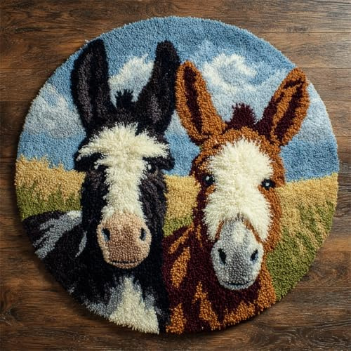 WallustrioaW Knüpfkissen Set,Zwei Esel auf dem Bauernhof,Knüpfkissen Set für Anfänger Erwachsene oder Kinder zum Selber Knüpfen,DIY Knüpfteppich Knüpfpackung,50x50cm