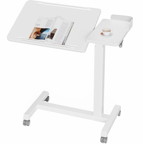 Rolanstar Laptoptisch Höhenverstellbar mit Rollen, Betttisch mit kippbarer Platte & Kantenschutz, Beistelltisch C Form für Sofa, Bett, Büro, Unterricht (Weiß)
