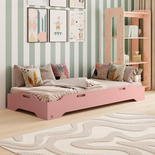 smartwood Stapelbett 90x200 cm mit Lattenrost, aus Holz, Rosa, TILA 8 | Kinderbett, Belastbar bis 230kg, Kompatibel mit TILA-Serie Betten, FSC-Kiefernsperrholz, abgerundete Kanten, Einfache Montage