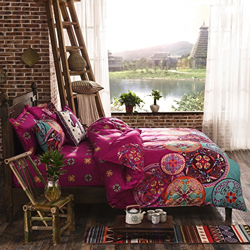 Chickw1 Bettwäsche Set 4 Teilig,Böhmische Exotische Gedruckte Mandala Mikrofaser Flashion Stil Gemütlich Bettbezug -Set,1 Bettbezug 2 Kissenbezug 1 Blätter (135x200cm,E)