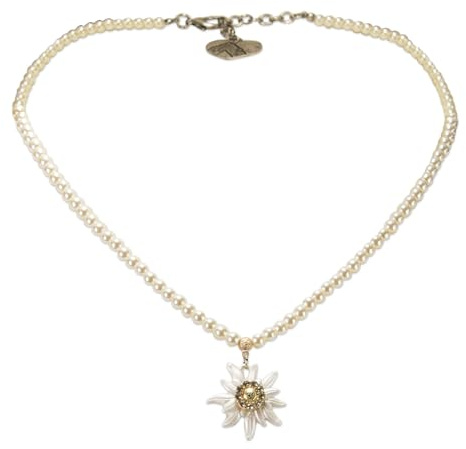 Alpenflüstern Perlen-Trachtenkette Greta mit Strass-Edelweiß klein - Damen-Trachtenschmuck Dirndlkette Creme-weiß DHK271
