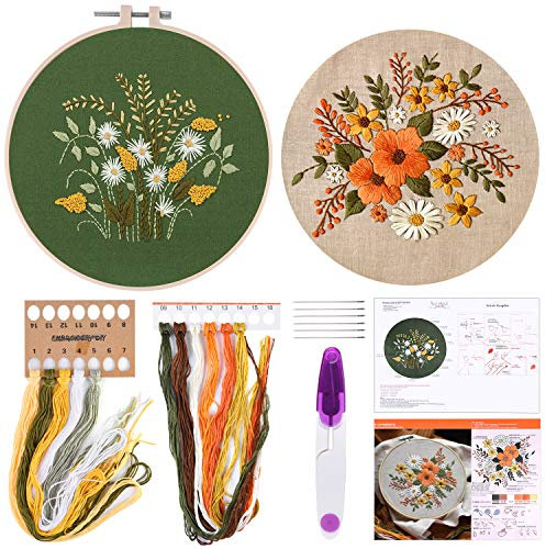 FEPITO 2 Sets Full Range Sticker Starter Kit mit Muster und Anleitung Kreuzstich Kit Enthält 2 Stück Stickerei mit Blumenmuster, 1 Stück Plastikstickrahmen, 1 Stück Schere