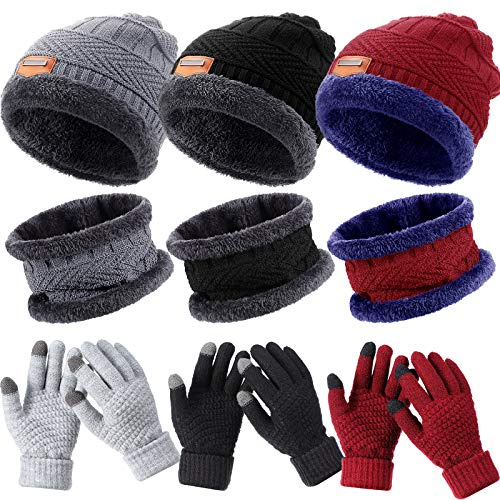 Geyoga Winter Knit Beanie Hat Neck Warmer Touchscreen Gloves Set Homeless Fleece Knitted Caps Gloves Circle Loop Scarf(Dark Gray, Black, Wine Red,9 Pieces)