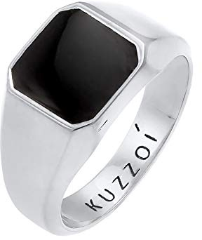 Kuzzoi Siegelring Herrenring 10 mm Achteck mit Emaille Schwarz 925 Silber | massiv breit Klassischer Herren Silberring Ring für Männer poliert in der Ringgröße 60 - 66