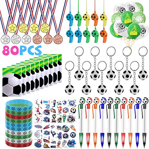130 Pezzi Calcio Festa Compleanno Regalo Bambini, Gadget Calcio Accessori include Calcio Mongolfiera, Portachiavi, Braccialetto Fischietto Medaglie Tatuaggi Penna Sacchetti Regalo per Feste