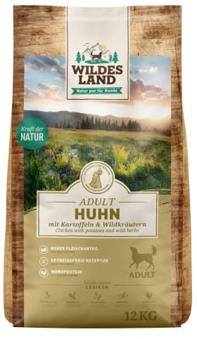 Wildes Land - Nr. 11 Huhn - 12 kg - mit Kartoffeln und Wildkräutern - Glutenfrei - Trockenfutter für Hunde - Hundefutter mit hohem Fleischanteil - Hohe Verträglichkeit