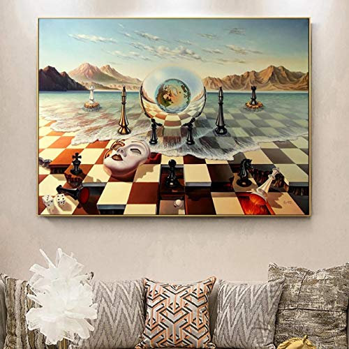 Salvador Dali Surrealismus Schach auf Meer Leinwand Gemälde Abstrakte Drucke Schwarz gerahmt Wandkunst Bilder Wohnzimmer Dekor 90x120cm/35x47in Schwarzer Rahmen