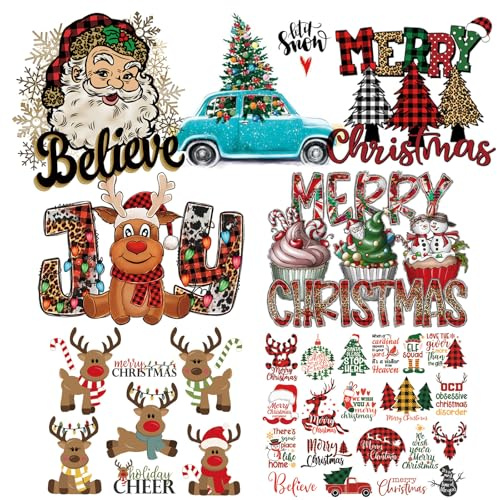 Christmas Heat Transfer Stickers 7 Sheets Xmas Iron on Patches Decals HTV Iron on Vinyl for DIY Clothing Supplies