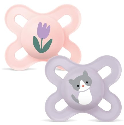 MAM Latex-Schnuller für Neugeborene, 0-2 Monate, Rosa, matt, 2 Stück | Aus Naturkautschuklatex, symmetrisch, flach und flexibel, mit selbststerilisierender Box