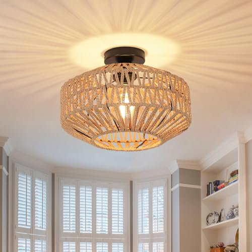 Toolight Rattan Ceiling Light E27, Retro Hand-Woven Rattan Chandelier Lamp, Bohemian Pendant Boho Ceiling Light for Living Room Bedroom Kitchen Hallway Entryway